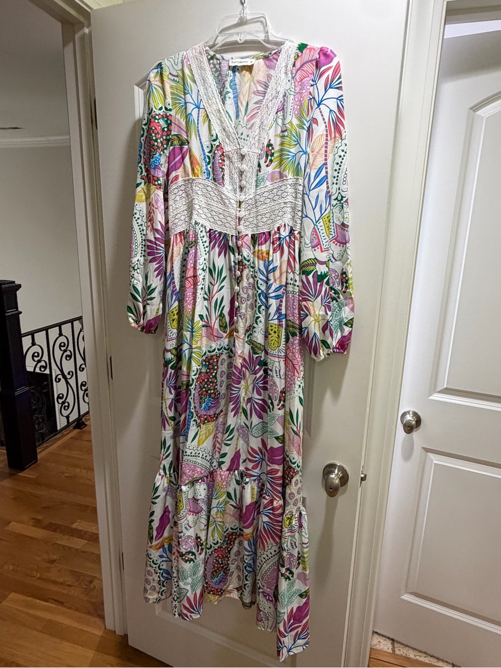 Bohemian Floral Maxi Dress with Lace Trim - White Multi